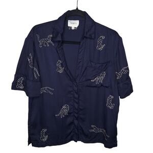Sani Leopard Lounge Pajama Top Midnight Jubilee Navy Sz XS Embroidered